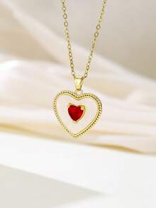 1件装奢华古典白色珐琅红锆石心形吊坠项链，适合女性、女孩、母亲节、派对、婚礼、浪漫珠宝、情人节礼物 - 吊墜項鍊 - 查看 5