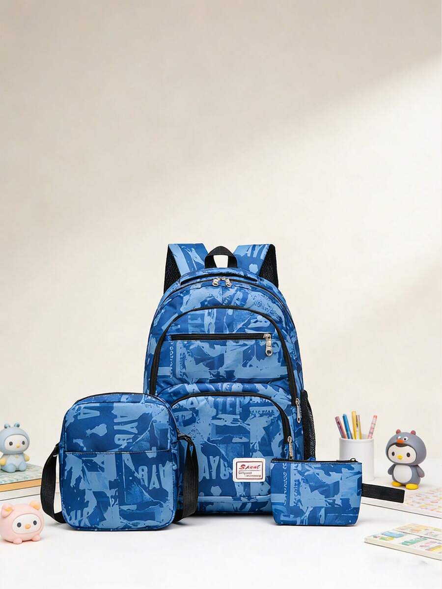 3pcs/Set Fashionable Tie-Dye Cartoon Backpack Set, Versatile & High Capacity - Multicolor - View 1