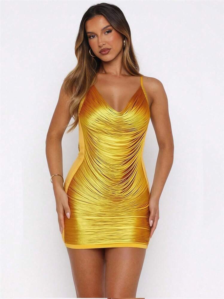 Women's Fringe Halter Mini Dress Spaghetti Straps Self Tie Sleeveless Cowl Neck Backless Low Cut Mesh Side Tassel Slim Fitted Bodycon Short Mini Dress Evening Party Dress Clubwear Summer Beachwear Sundress - Vàng - Xem 1