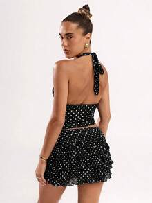 Women Polka Dot Outfits 2 Piece Skirt Sets Vintage Halter V-Neck Top And Ruffle Layered Mini Skirt Summer Y2k Outfits - 黑色 - 查看 2