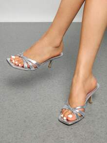 Women Crisscross Strap Kitten Heeled Sandals Fashionable Casual Slip-On High Heel Mules Comfortable Party Wedding Dress Shoes - 銀色 - 查看 3