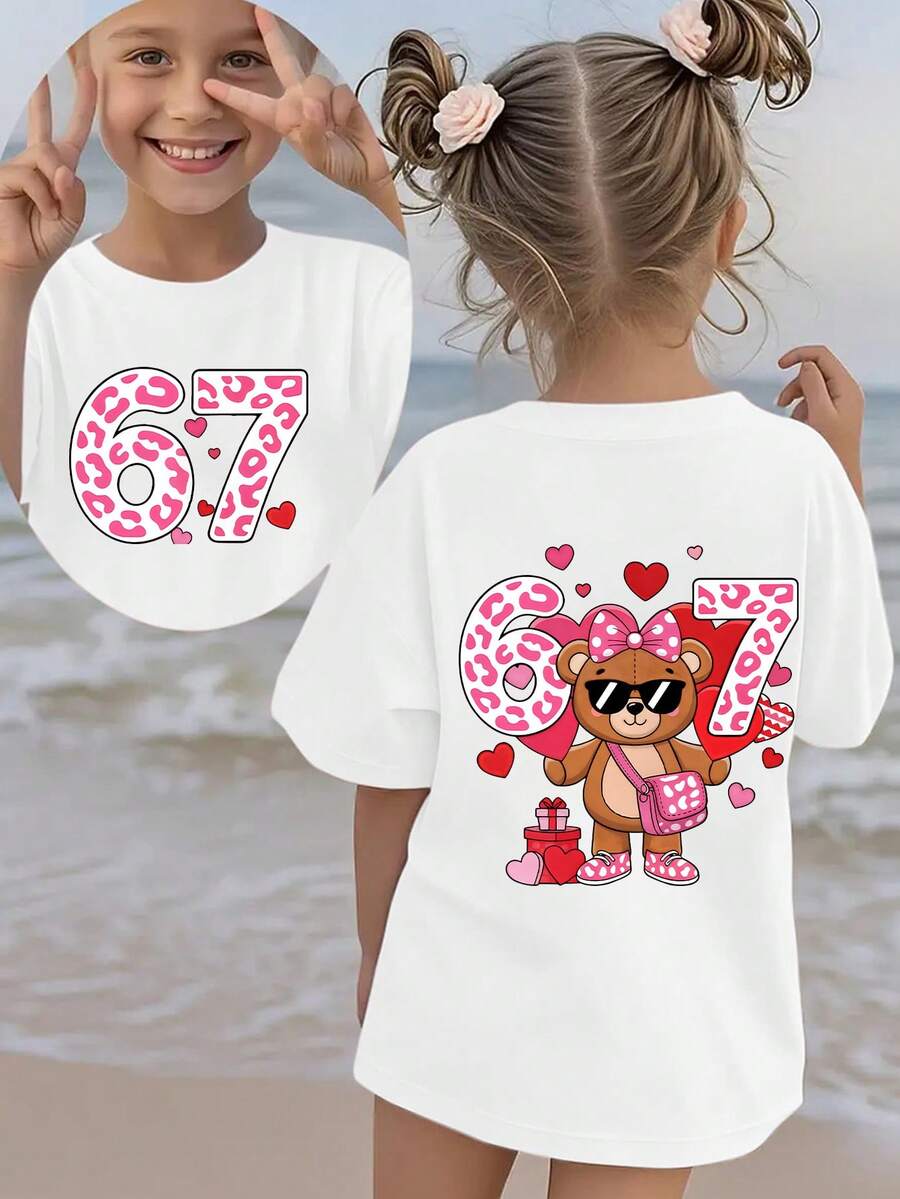 Valentine's Day Limited Edition Girls' T-Shirt Pink Leopard Print With "67" Number Design Multi-Print Children's Top Girls' Apparel Sweet Style Kids' Short-Sleeve Shirt Children's Valentine's Day Gift - trắng - Xem 1
