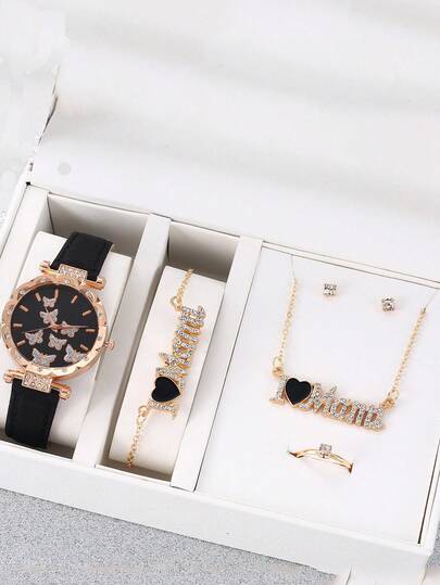 ساعة نسائية كوارتز بعقارب وقرص بتصميم فراشة وسماء مرصعة بالنجوم مع سوار جلدي