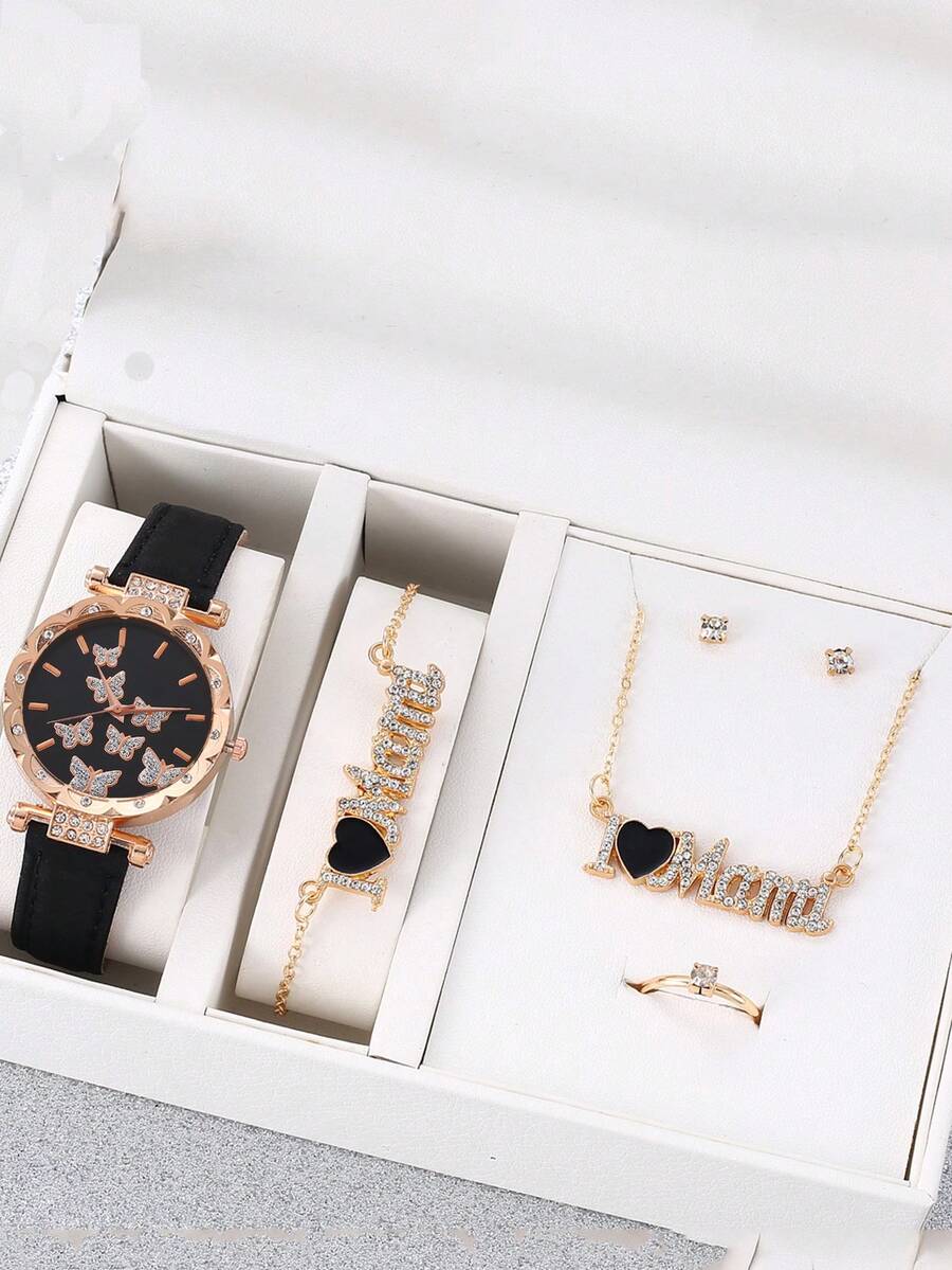 Women's Butterfly & Starry Sky Dial Leather Quartz Watch Set - Black - View 1