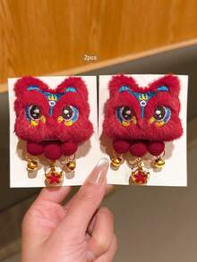 2个中国风舞狮铃铛发夹，适合新年庆祝活动 - 紅色 - 查看 4