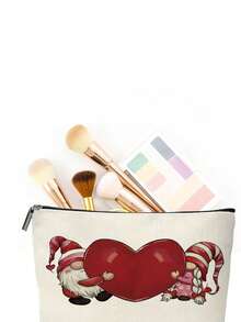 1 Pc A Pair Of Little Elves Holding A Heart Pattern Cosmetic Bag Valentine's Day Makeup Bag Perfect Gift For Family And Friends - Red and White - View 6