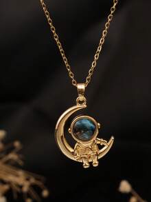 1件星月宇航员吊坠项链，18K镀金梦幻太空主题首饰，适合日常佩戴，异地恋礼物 - 金色星球星月太空人項鍊 - 查看 1