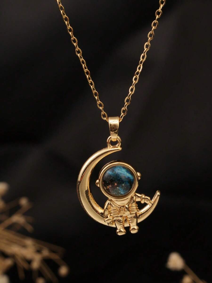 1件星月宇航员吊坠项链，18K镀金梦幻太空主题首饰，适合日常佩戴，异地恋礼物 - 金色星球星月太空人項鍊 - 查看 1