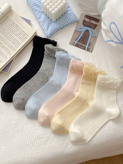 1 Pair Women's Solid Color Thin Breathable Cute Ruffle Trim Simple Casual Fashion Mid-Calf Socks