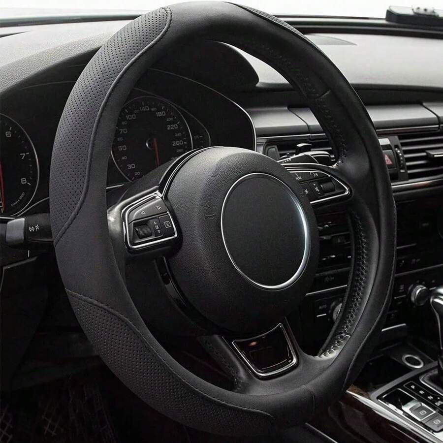 Cubierta protectora del volante antideslizante de microfibra negra universal para todas las estaciones, cubierta del volante de automóviles de seda de hielo, cubierta del volante elástico, cubierta del volante universal de 15 pulgadas