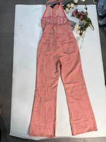 Casual Sleeveless Denim Jumpsuit For Women Extra Long Pink Romper With Pockets Non-Stretch Fabric - Pink - View 8