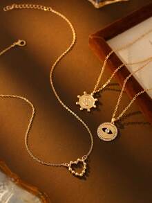 3件套不锈钢金色心形镂空太阳吊坠项链，女士时尚项链，优雅简约魅力日常配饰及礼物 - 情人节礼物 - 3件套 - 查看 5