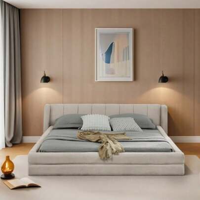 Double Bed 160*200cm, Velvet Fabric, Comfortable Backrest, Sturdy Eucalyptus Wood And Iron Frame, Easy To Assemble, Beige Color (Without Mattress).