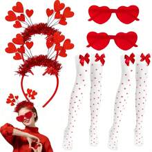 2/3pcs/Set Valentine's Day Red Heart Accessories Set, Red Heart Headband, Heart-Shaped Glasses, Stockings, Party Themed Couple Outfit Accessories, Photo Props - Multicolor - View 8