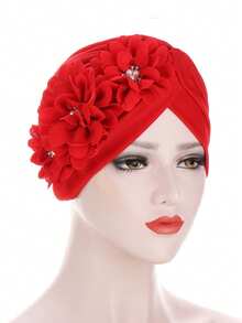 1pc Women's Headscarf Hat, Pleated Watermelon Hat With Three-Flower Fashion Turban Headscarf Hat Hair Sleep Cap - Color - View 6