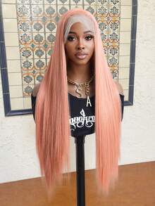 30 Inch Pink Long Straight Synthetic 13x4 Lace Front Wig, Heat Resistant Fiber Hair, Natural Hairline, Natural Density Long Straight Pre-Trimmed Synthetic Lace Wig, Suitable For Fashion Women, Cosplay, Party, Daily Use - Pink - View 5