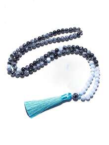 Natural Stone 108 Mala Necklace 8mm Snowflake Obsidian, Aquamarine Boho Style Japamala Rosary Beads Meditation Yoga Spiritual Jewelry For Women Men - Multicolor - View 8