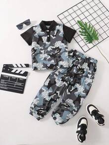 2pcs Toddler Boys' Casual Polo Shirt And Camo Print Jogger Pants Set, Fashionable Street Style Outfit For Spring, Summer, Autumn - Multicolor - View 6