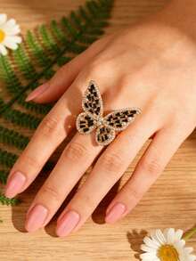 1pc Silver Multi-Color Copper Plated Gold Butterfly Shape Ring With Cubic Zirconia, Suitable For Everyday Wear - Black - View 7