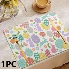 1/4/6 件装复活节彩蛋兔子图案餐垫，亚麻桌垫，彩色彩蛋兔子设计，可水洗印花桌面保护垫，节日厨房和家庭聚会的理想装饰 - 彩色 - 查看 7