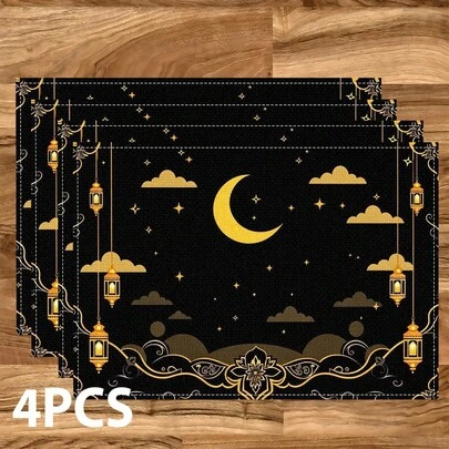 1/4/6/12 Pcs Set, Eid Mubarak Placemats, Islamic Holiday Decor, Linen Dining Table Mats With Traditional Lantern Pattern, Washable Printed Tablecloths, Surface Protective Pads, Ideal Decoration For Holiday Kitchen And Family Gatherings