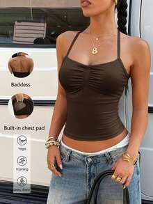 Áo hai dây nữ Aoqta màu trơn, có đệm ngực, cổ tròn, thích hợp cho yoga, thể thao và tập thể dục. - màu nâu - Xem 1