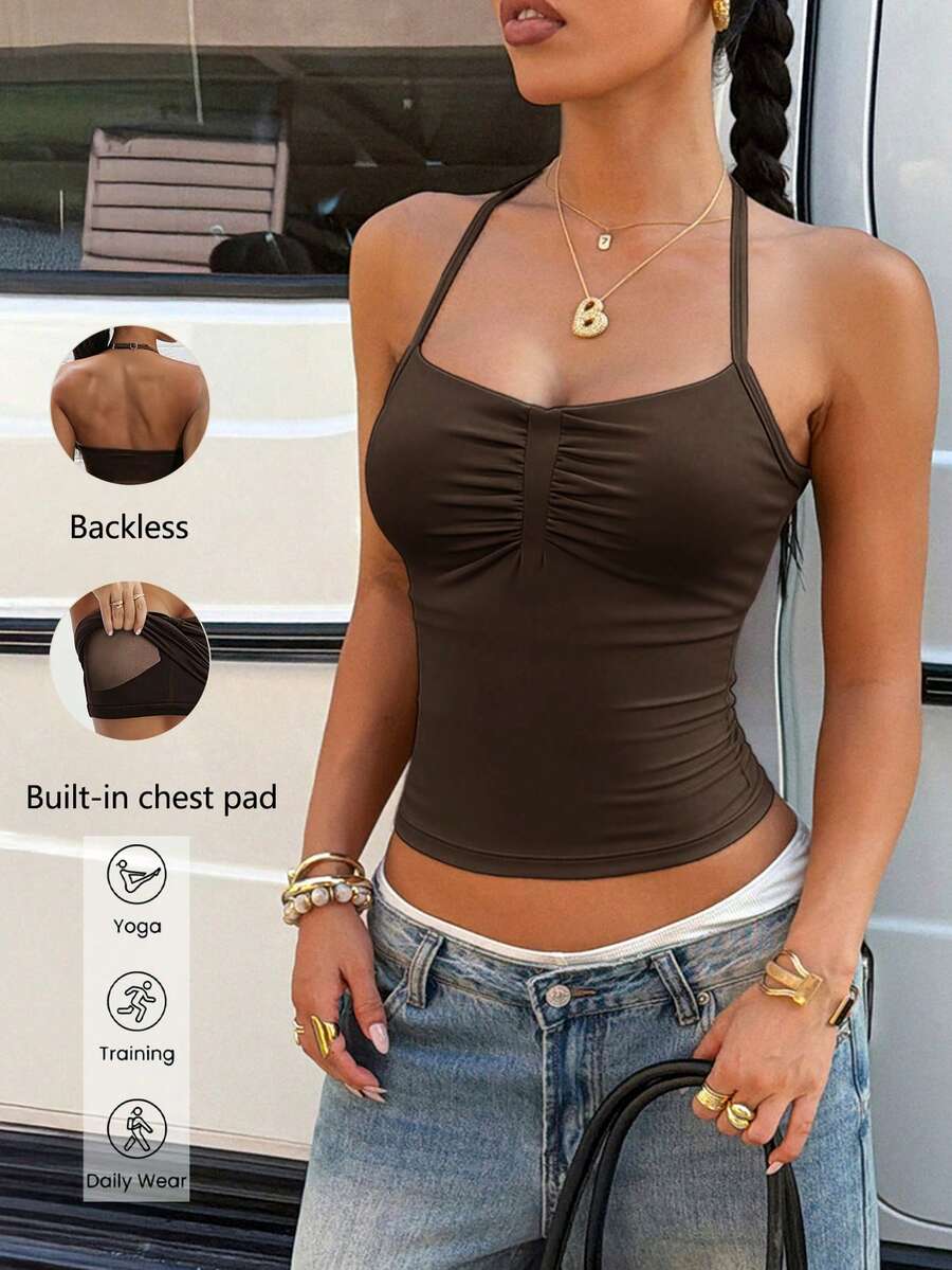Áo hai dây nữ Aoqta màu trơn, có đệm ngực, cổ tròn, thích hợp cho yoga, thể thao và tập thể dục. - màu nâu - Xem 1