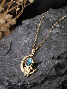 1件星月宇航员吊坠项链，18K镀金梦幻太空主题首饰，适合日常佩戴，异地恋礼物 - 金色星球星月太空人項鍊 - 查看 4