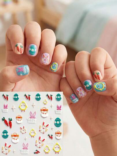1 Easter Themed Children's Nail Sticker, Cartoon Rabbit Easter Egg Bow 3D Nail Sticker, Girl Easter Party Decoration Nail DIY Toy Baby Holiday Gift Easy To Stick And Tear Easter Children's Fun Nail Decoration Sticker Suitable For Girls Aged 3-12 Years Old Easter Elemental Nail Sticker