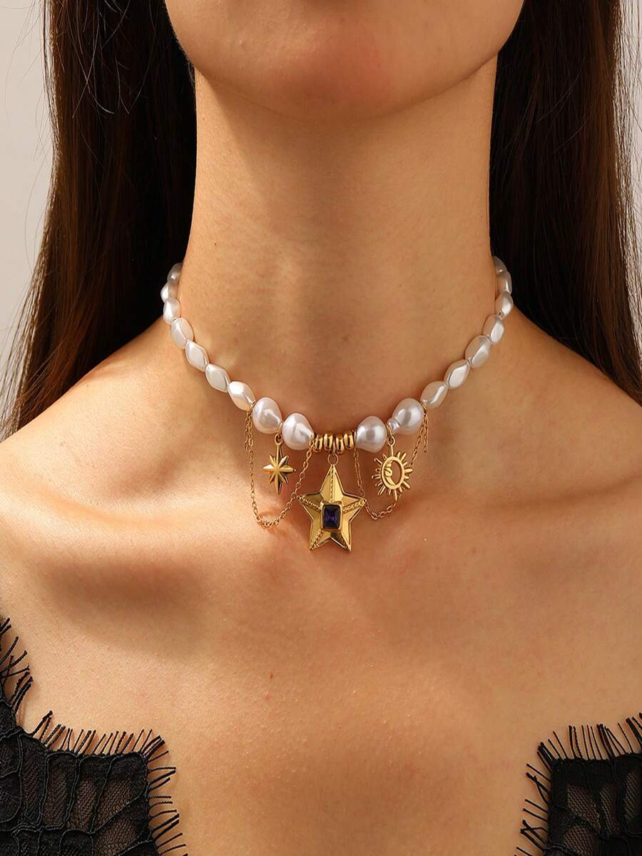 1 pieza Collar corto de mujer con colgante de octágono y estrella de cinco puntas, estilo de moda callejera dulce y moderno - Dorado - Ver 1