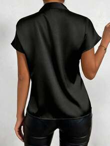 Women's Solid Color Woven Fabric Drawstring Casual Blouse - Black - View 2