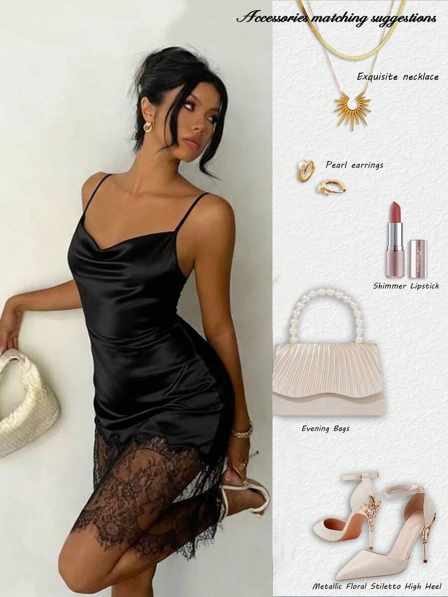 女士深V领纯色性感露背蕾丝拼接不对称下摆吊带派对连衣裙，适合约会、节日、生日等场合，黑色优雅款 - 黑色 - 查看 1