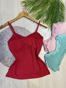 Set Of 3 Polka Dot Tank Tops With Built-In Bra Cups, Made Of Pretty Viscose/Lycra Fabric. - Red + Pink + Aqua Green - View 2