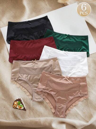paquete de 6 bragas de unicolor sin costuras y cómodas, lencería para mujer, ropa interior femenina, tangas para mujer con adorno de encaje y lazos adorables