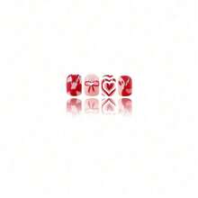 24 Pieces Of Short, Square-Shaped Press-On Nails With A Pink, Girlish Design Featuring Multiple Layers Of Hearts, Bows, And Cherries. - 1 - 查看 5