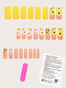 用24片中号方形美甲贴片表达你的爱意！清新可爱的黄色向日葵配绿叶和粉色桃花，浪漫的红色雌蕊搭配粉色假指甲，奢华的橙色向日葵搭配黄色假指甲，全覆盖式假指甲贴片，适合女性和女孩。包含美甲沙龙套装，内含1片果冻胶和1个锉刀。果冻胶随机发货。 - 黃色 - 查看 2