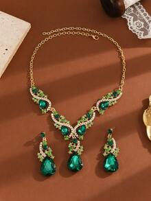 3件套女士合金水钻玻璃首饰套装，包括1对耳环和1条项链，适合婚礼、派对和作为礼物。 - 綠色 - 查看 1