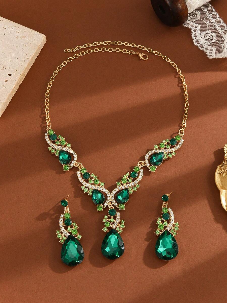 3件套女士合金水钻玻璃首饰套装，包括1对耳环和1条项链，适合婚礼、派对和作为礼物。 - 綠色 - 查看 1