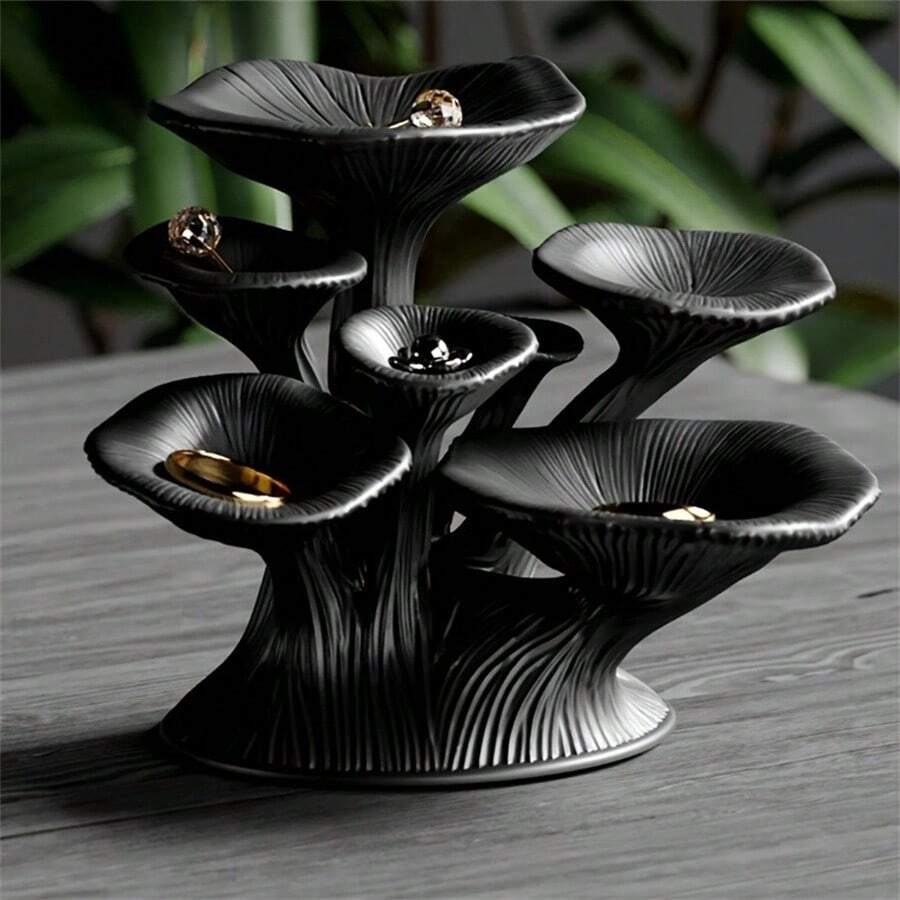 无需组装 3D 打印蘑菇首饰展示架 - 黑色亮面塑料多层戒指、项链、手镯和耳环收纳塔 - 无需组装，首饰塔，项链展示架，手镯展示架，耳环展示架，黑色首饰展示架，耳环展示架，首饰展示架，项链展示架，耳环首饰展示架，首饰耳环展示架，壁挂式小空间首饰收纳架，首饰展示架和托盘 - 彩色 - 查看 1