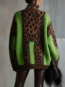 女士秋冬宽松豹纹长袖毛衣 - 时尚涤纶厚针织豹纹涤纶（涤纶）罗纹宽松豹纹针织休闲服 - 綠色 - 查看 3