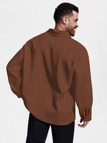 1pc Men's Casual Collared Long Sleeve Striped Button-Up Shirt, Elegant For Commute, Business, Holiday, Party - Coffee Brown - View 2