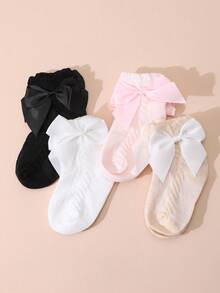 4 pares de calcetines de princesa de unicolor con lazo para bebés niñas, calcetines de malla transpirables para verano, aptos para uso diario - Multicolor - Ver 3