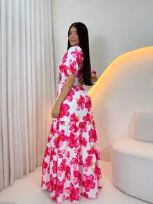Long -Style Dress With Printed Sleeves - Pink Flowers - View 3