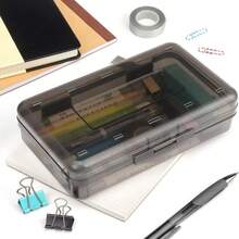 1pc Large Capacity Plastic Pencil Box, Transparent With Lid, Stackable Design, Fashionable Office Supply Storage Box - Black - View 7