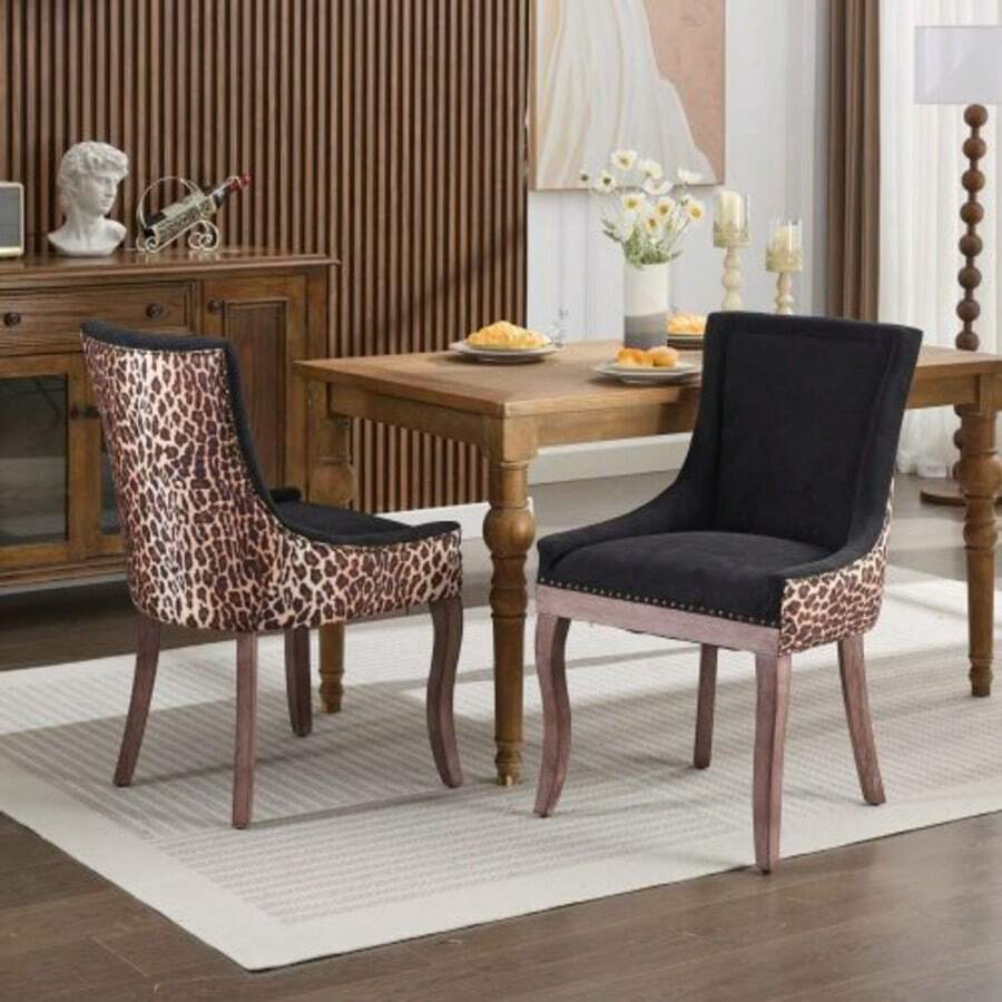 A&A Furniture,Ultra Side Dining Chair, Thickened Fabric Chairs With Neutrally Toned Solid Wood Legs, Bronze Nail Head, Set Of 2,Leopard Print,DE1807LP - Grey - View 1
