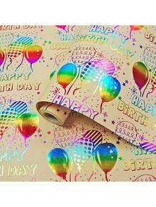 1卷17英寸×12英尺彩色铝箔包装纸 - 生日快乐和五彩纸屑气球图案，适用于派对、婴儿派对和各种庆祝活动 - 彩色 - 查看 8