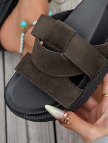 New Fashion Metal Buckle Decor Slip-On Wedge Heel Sandals, Comfortable Non-Slip, Versatile & Easy To Clean, Suitable For Beach & Daily Wear - Coffee Brown - View 9