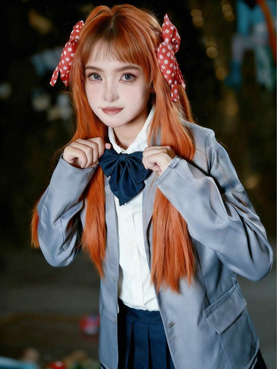 1pc Anime Cosplay Accessories - Red Polka Dot Bow Hair Clips Pair + Navy Blue Necktie, Monthly Magazine Anime Character Costume Accessories - Multicolor - View 1