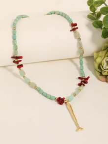 1pc Minimalist Acrylic Beaded Necklace With Metal Fish Pendant, Casual Everyday Wear For Women - Pale Green - View 6