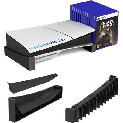 P5 Slim & Pro 콘솔용 수평 스탠드, 12개의 게임 디스크 보관 슬롯이 있는 콘솔 베이스 스탠드, PlayStation 5 Slim 및 Pro 디스크 & 디지털 에디션과 호환되는 공간 절약 미끄럼 방지 ABS 홀더